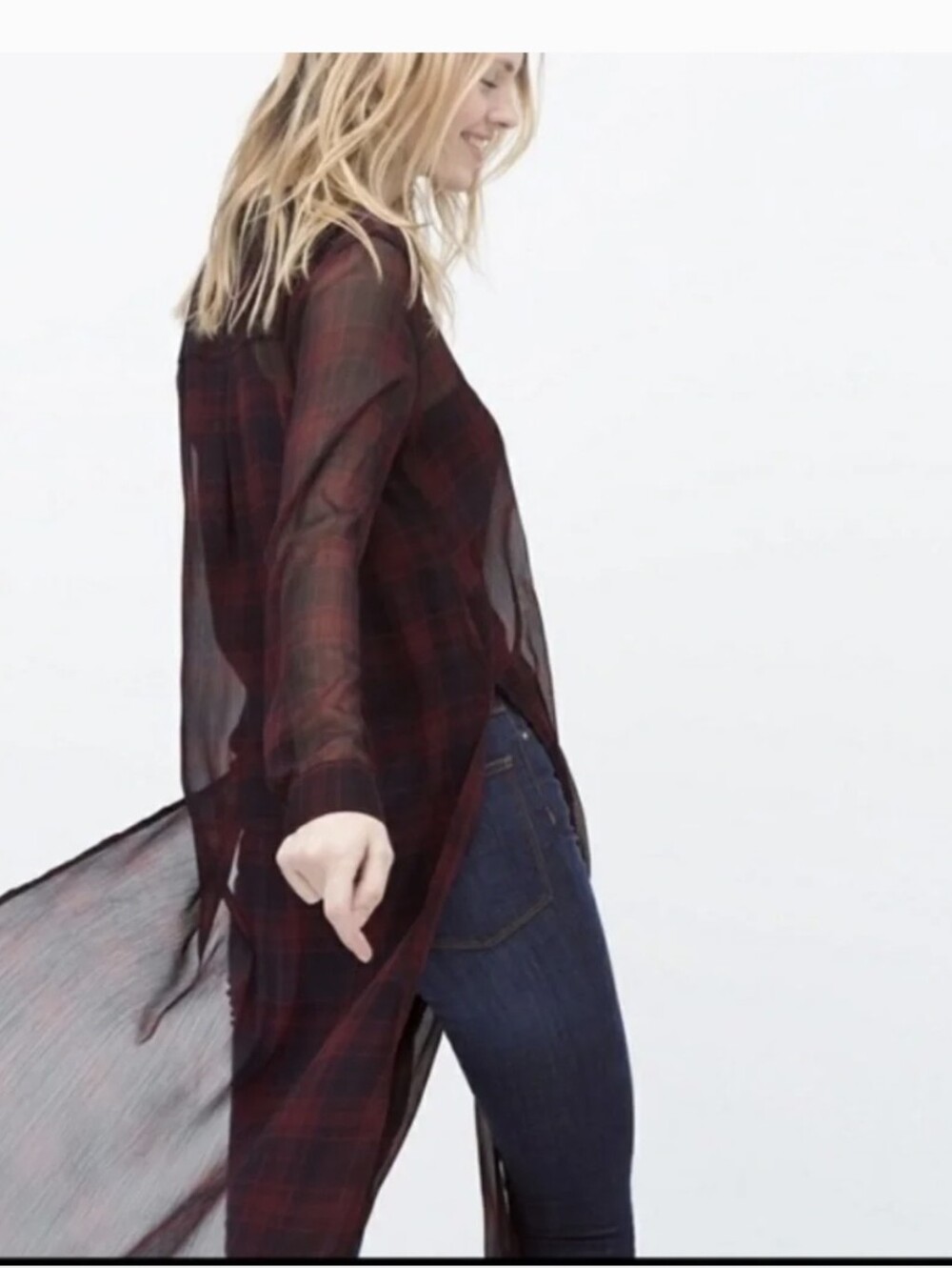 Zara Burgundy Plaid Sheer Button-Front Shirt